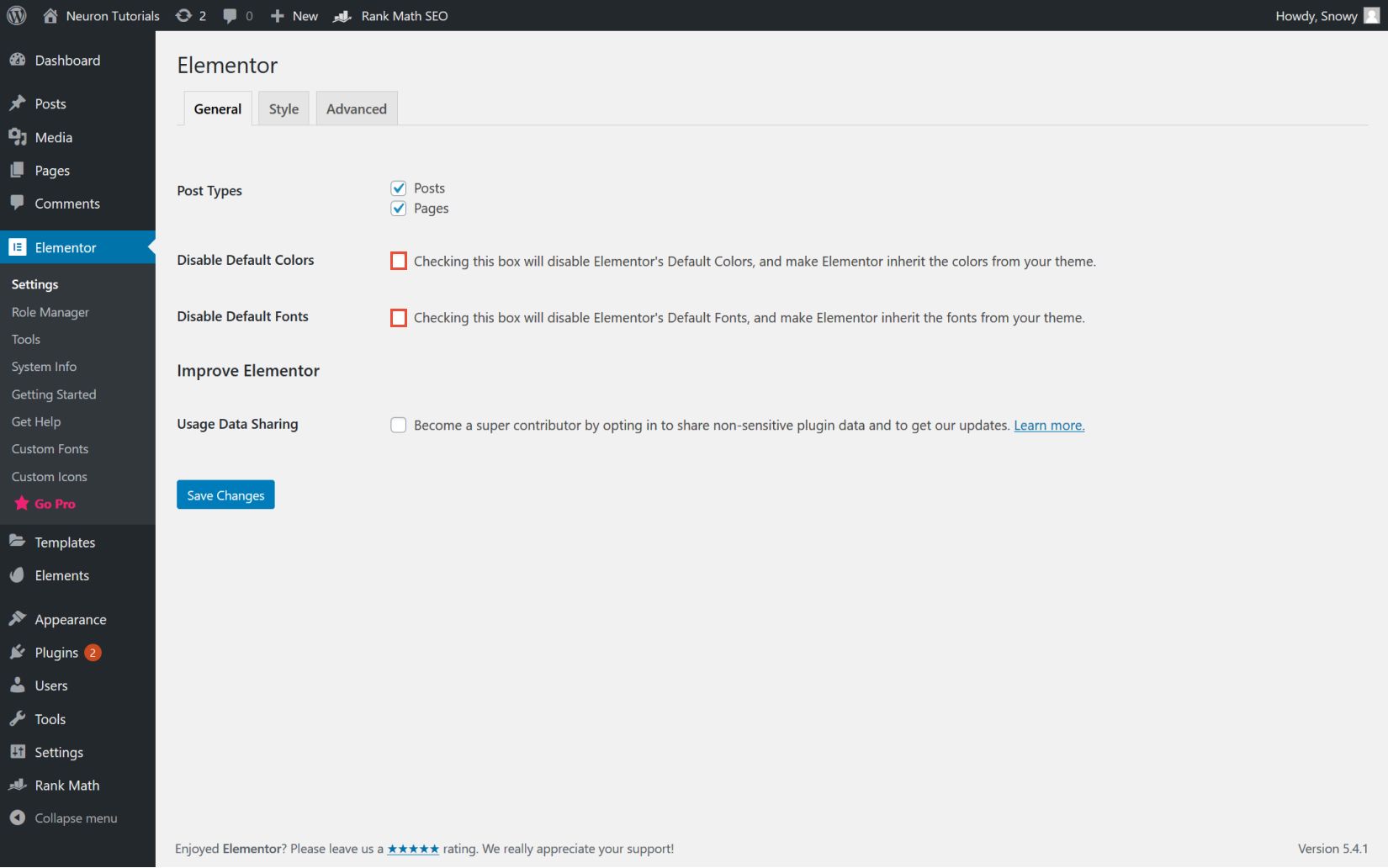 set the ettings for elementor