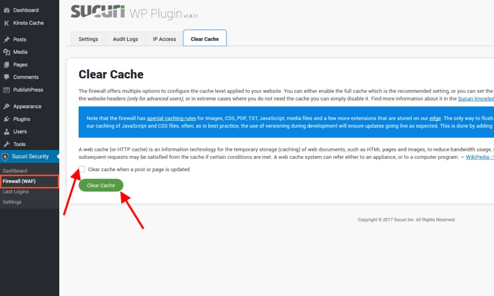 Clear cache in WordPress with Sucuri