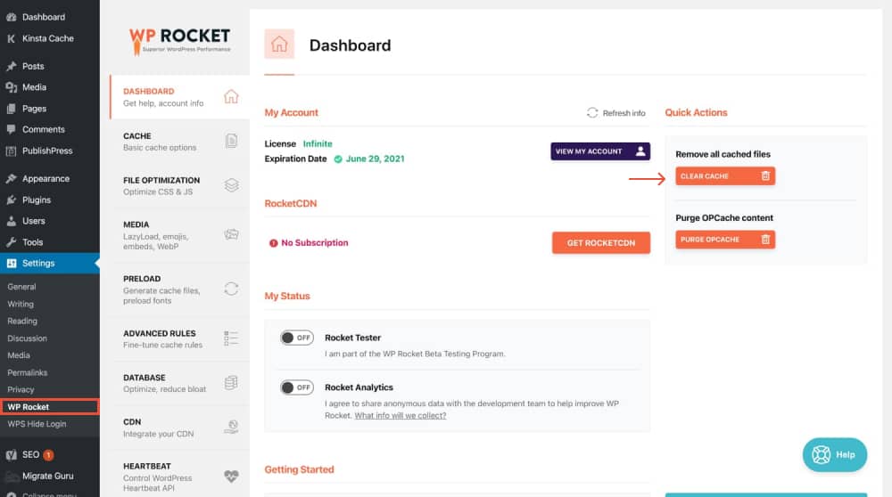 Clear cache in WordPress with WP Rocket