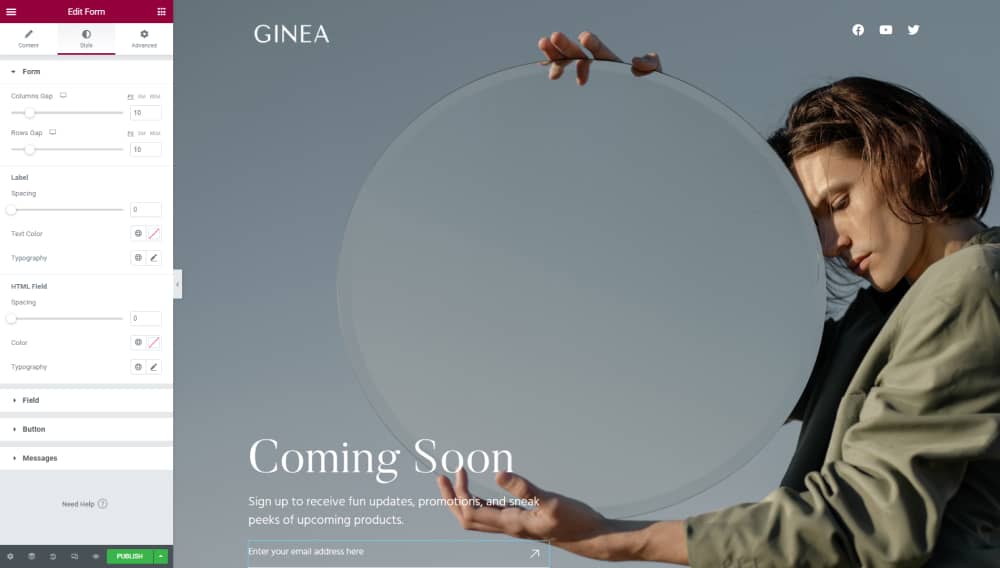 Design the subscription form in Elementor